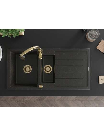 Mexen Andres zlewozmywak granitowy 1,5-komorowy z ociekaczem i baterią kuchenną Savita, czarny/złoty metalik- 6515-75-672601-50, 4 image