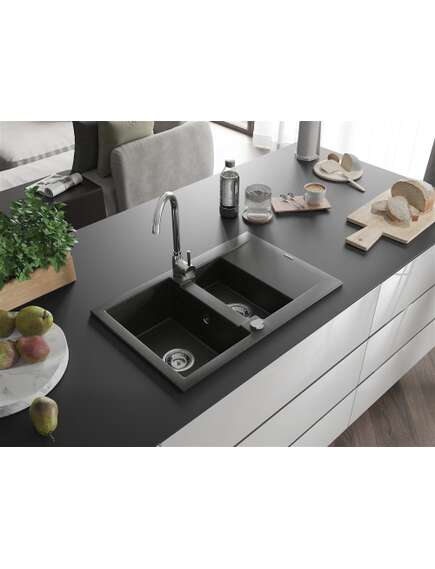 Mexen Gaspar zlewozmywak granitowy 1,5-komorowy z ociekaczem i baterią kuchenną Telma, czarny/złoty - 6507-75-670200-00, 2 image