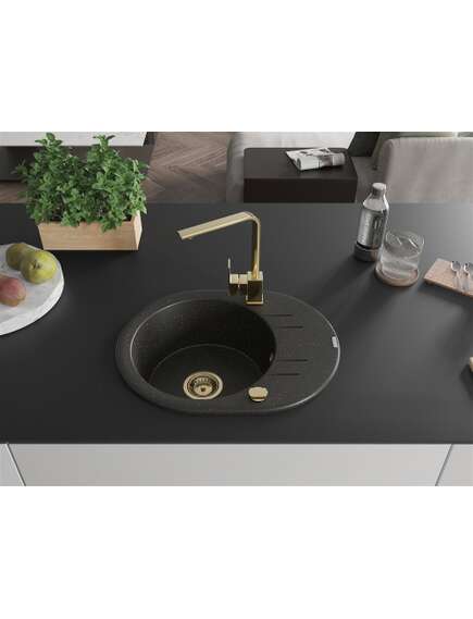 Mexen Kevin zlewozmywak granitowy 1-komorowy z ociekaczem i baterią kuchenną Rita, czarny/złoty metalik - 6517-75-670300-50, 3 image