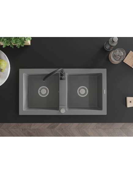 Mexen Mario zlewozmywak granitowy 2-komorowy z baterią kuchenną Telma, szary - 6504-71-670200-70, изображение 4
