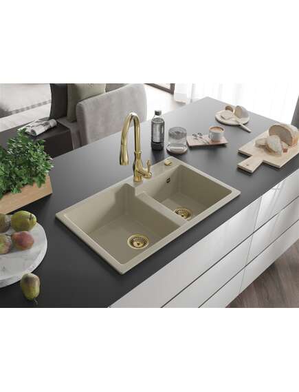 Mexen Tomas zlewozmywak granitowy 2-komorowy z baterią kuchenną Savita, beżowy - 6516-69-672601-50, изображение 2