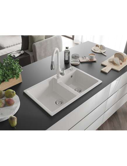 Mexen Tomas zlewozmywak granitowy 2-komorowy z baterią kuchenną Savita, biały - 6516-20-672601-20, изображение 2