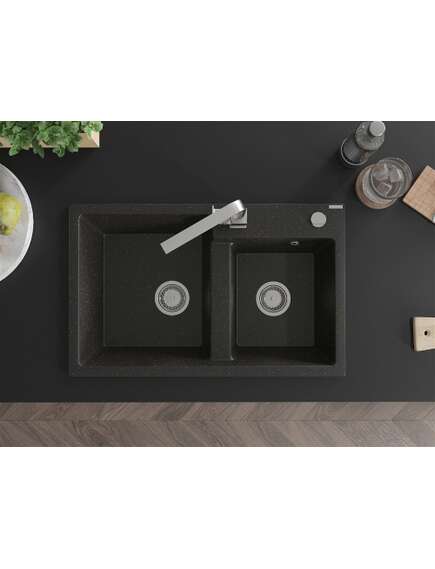 Mexen Tomas zlewozmywak granitowy 2-komorowy z baterią kuchenną Rita, czarny/złoty metalik - 6516-75-670300-00, 4 image