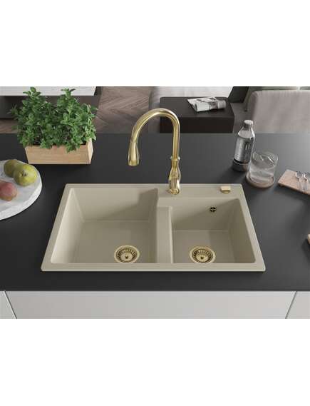 Mexen Tomas zlewozmywak granitowy 2-komorowy z baterią kuchenną Savita, beżowy - 6516-69-672601-50, изображение 3