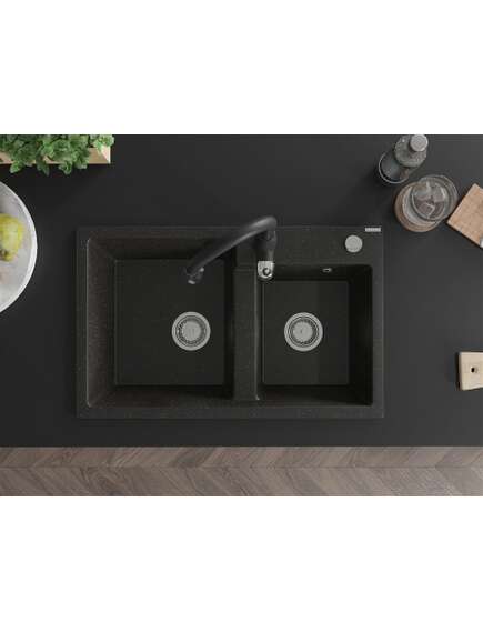 Mexen Tomas zlewozmywak granitowy 2-komorowy z baterią kuchenną Savita, czarny/złoty metalik - 6516-75-672601-70, изображение 4