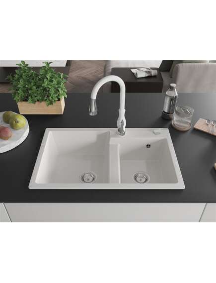 Mexen Tomas zlewozmywak granitowy 2-komorowy z baterią kuchenną Savita, biały - 6516-20-672601-20, изображение 3