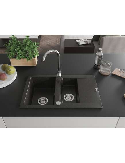 Mexen Gaspar zlewozmywak granitowy 1,5-komorowy z ociekaczem i baterią kuchenną Telma, czarny/złoty - 6507-75-670200-00, 3 image