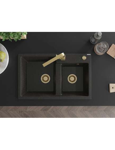 Mexen Tomas zlewozmywak granitowy 2-komorowy z baterią kuchenną Rita, czarny/złoty metalik - 6516-75-670300-50, 4 image