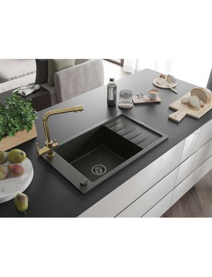 Mexen Elias zlewozmywak granitowy 1-komorowy z ociekaczem i baterią kuchenną Duero, czarny/złoty metalik - 6511-75-671600-50-B, 2 image
