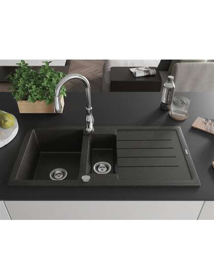 Mexen Andres zlewozmywak granitowy 1,5-komorowy z ociekaczem i baterią kuchenną Savita, czarny/złoty metalik- 6515-75-672601-00, 3 image