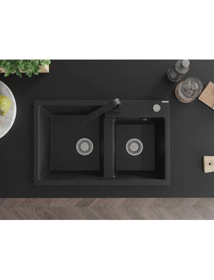 Mexen Tomas zlewozmywak granitowy 2-komorowy z baterią kuchenną Rita, czarny/srebrny metalik - 6516-73-670300-70, 4 image