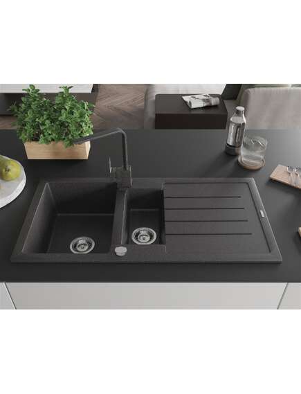 Mexen Andres zlewozmywak granitowy 1,5-komorowy z ociekaczem i baterią kuchenną Rita, czarny nakrapiany - 6515-76-670300-76, изображение 3