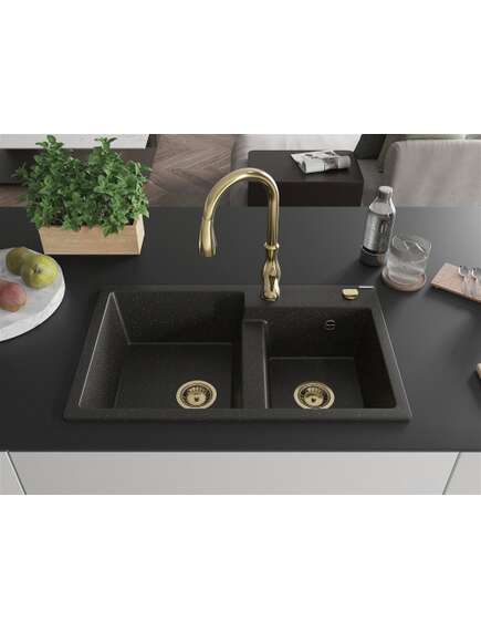 Mexen Tomas zlewozmywak granitowy 2-komorowy z baterią kuchenną Savita, czarny/złoty metalik - 6516-75-672601-50, изображение 3
