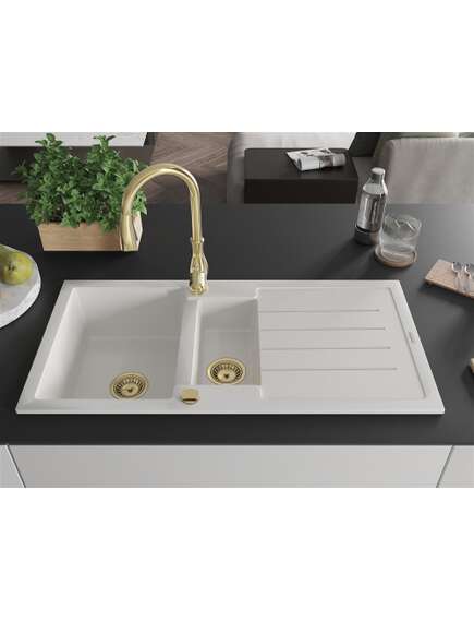 Mexen Andres zlewozmywak granitowy 1,5-komorowy z ociekaczem i baterią kuchenną Savita, biały - 6515-20-672601-50, изображение 3