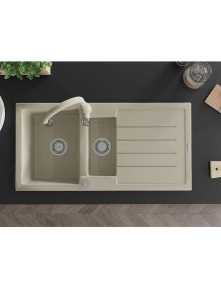 Mexen Andres zlewozmywak granitowy 1,5-komorowy z ociekaczem i baterią kuchenną Savita, beżowy - 6515-69-672601-69, изображение 4