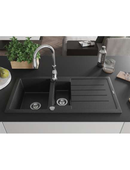 Mexen Andres zlewozmywak granitowy 1,5-komorowy z ociekaczem i baterią kuchenną Savita, czarny/srebrny - 6515-73-672601-00, 3 image