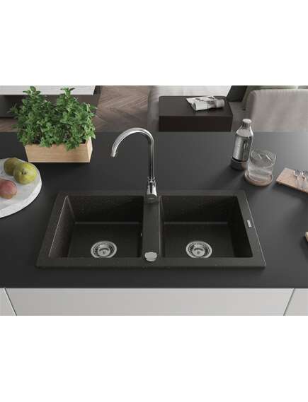 Mexen Mario zlewozmywak granitowy 2-komorowy z baterią kuchenną Telma, czarny/złoty - 6504-75-670200-00, 3 image