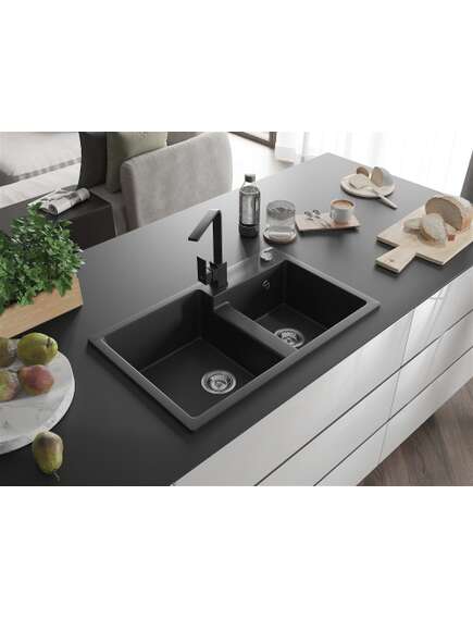 Mexen Tomas zlewozmywak granitowy 2-komorowy z baterią kuchenną Rita, czarny - 6516-77-670300-70, 2 image