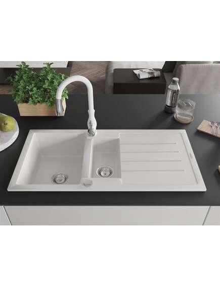 Mexen Andres zlewozmywak granitowy 1,5-komorowy z ociekaczem i baterią kuchenną Savita, biały - 6515-20-672601-20, изображение 3