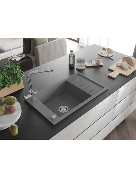 Mexen Elias zlewozmywak granitowy 1-komorowy z ociekaczem i baterią kuchenną Duero, szary - 6511-71-671600-00, 2 image