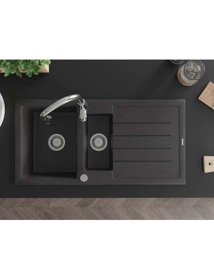 Mexen Andres zlewozmywak granitowy 1,5-komorowy z ociekaczem i baterią kuchenną Savita, czarny nakrapiany - 6515-76-672601-00, 4 image