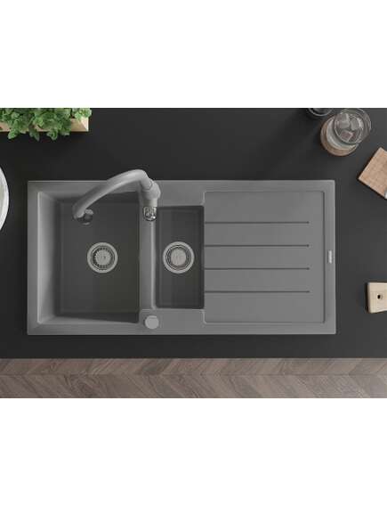 Mexen Andres zlewozmywak granitowy 1,5-komorowy z ociekaczem i baterią kuchenną Savita, szary - 6515-71-672601-71, изображение 4