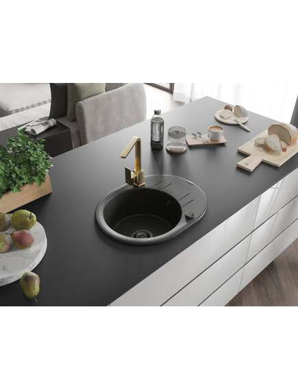 Mexen Kevin zlewozmywak granitowy 1-komorowy z ociekaczem i baterią kuchenną Rita, czarny/złoty metalik - 6517-75-670300-50-B, 2 image