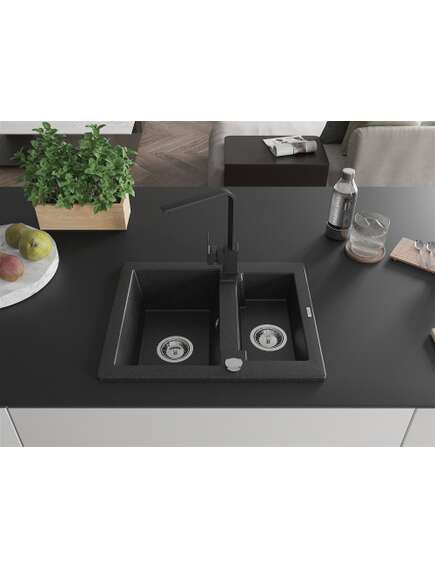 Mexen Carlos zlewozmywak granitowy 1,5-komorowy z baterią kuchenną Rita, czarny/srebrny metalik - 6518-73-670300-70, изображение 3