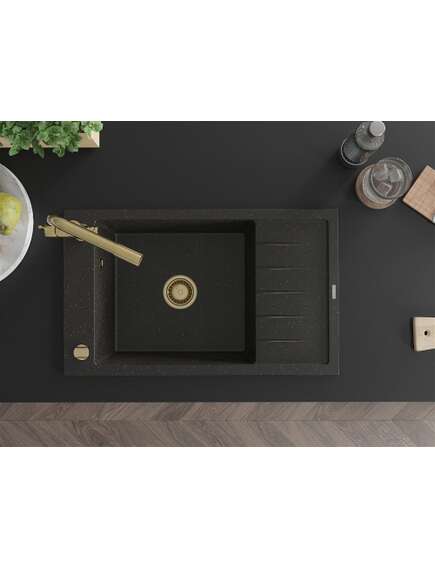 Mexen Elias zlewozmywak granitowy 1-komorowy z ociekaczem i baterią kuchenną Duero, czarny/złoty metalik - 6511-75-671600-50, 4 image