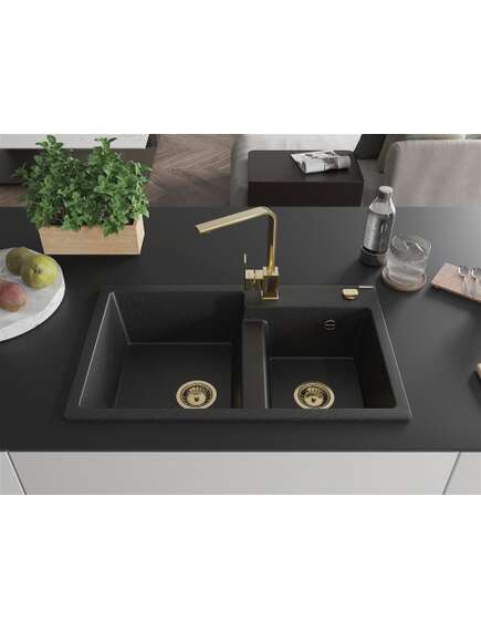 Mexen Tomas zlewozmywak granitowy 2-komorowy z baterią kuchenną Rita, czarny/srebrny metalik - 6516-73-670300-50, 3 image