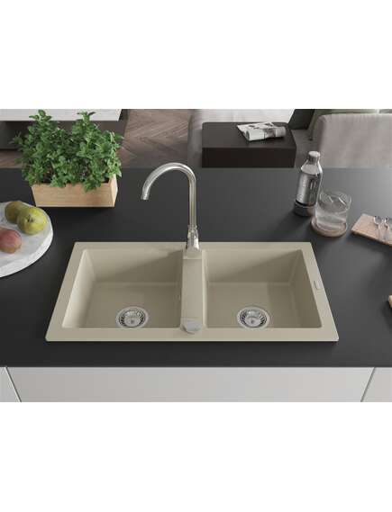 Mexen Mario zlewozmywak granitowy 2-komorowy z baterią kuchenną Telma, beżowy - 6504-69-670200-00, изображение 3