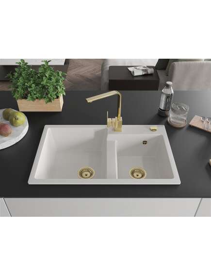 Mexen Tomas zlewozmywak granitowy 2-komorowy z baterią kuchenną Rita, biały - 6516-20-670300-50, изображение 3