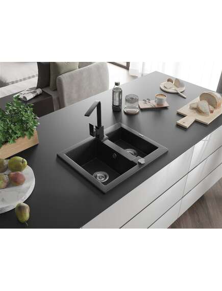 Mexen Carlos zlewozmywak granitowy 1,5-komorowy z baterią kuchenną Rita, czarny/srebrny metalik - 6518-73-670300-70, изображение 2