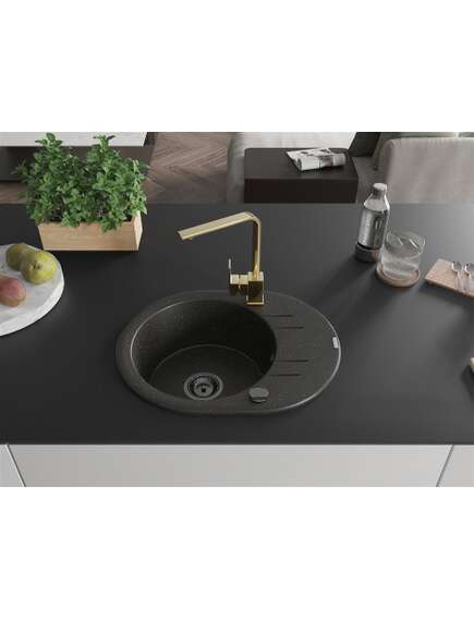 Mexen Kevin zlewozmywak granitowy 1-komorowy z ociekaczem i baterią kuchenną Rita, czarny/złoty metalik - 6517-75-670300-50-B, 3 image