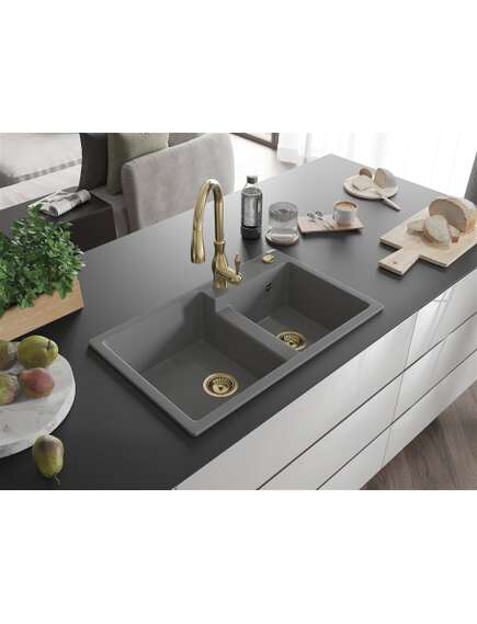 Mexen Tomas zlewozmywak granitowy 2-komorowy z baterią kuchenną Savita, szary - 6516-71-672601-50, 2 image