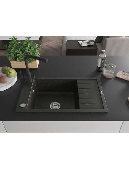 Mexen Elias zlewozmywak granitowy 1-komorowy z ociekaczem i baterią kuchenną Duero, czarny/złoty metalik - 6511-75-671600-70, изображение 3