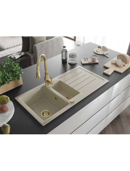 Mexen Andres zlewozmywak granitowy 1,5-komorowy z ociekaczem i baterią kuchenną Savita, beżowy - 6515-69-672601-50, изображение 2