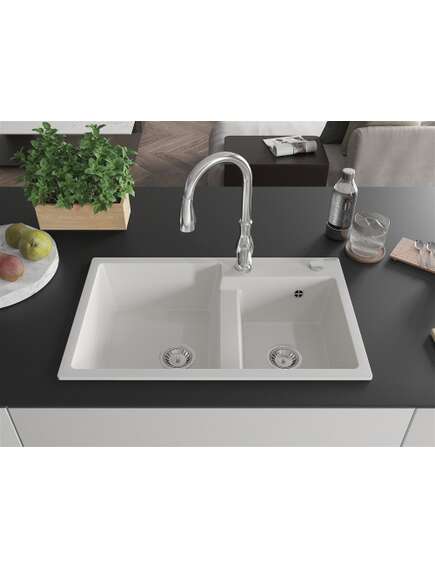 Mexen Tomas zlewozmywak granitowy 2-komorowy z baterią kuchenną Savita, biały - 6516-20-672601-00, изображение 3