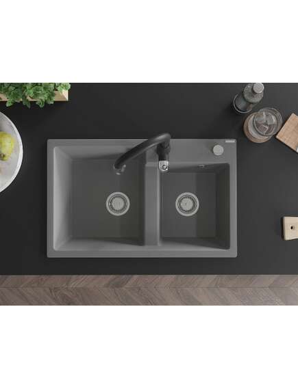 Mexen Tomas zlewozmywak granitowy 2-komorowy z baterią kuchenną Savita, szary - 6516-71-672601-70, 4 image