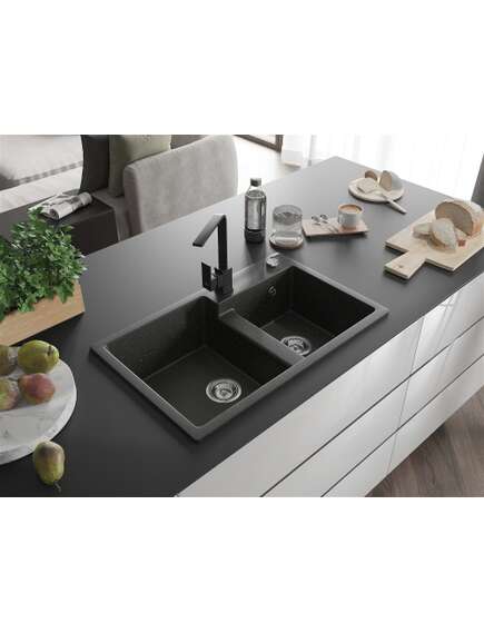 Mexen Tomas zlewozmywak granitowy 2-komorowy z baterią kuchenną Rita, czarny/złoty metalik - 6516-75-670300-70, 2 image