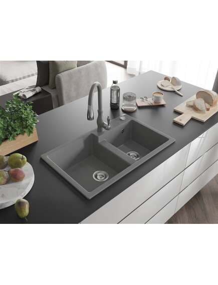 Mexen Tomas zlewozmywak granitowy 2-komorowy z baterią kuchenną Savita, szary - 6516-71-672601-71, изображение 2