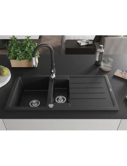 Mexen Andres zlewozmywak granitowy 1,5-komorowy z ociekaczem i baterią kuchenną Savita, czarny/srebrny - 6515-73-672601-70, 3 image