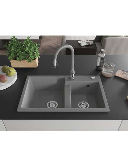 Mexen Tomas zlewozmywak granitowy 2-komorowy z baterią kuchenną Savita, szary - 6516-71-672601-71, изображение 3