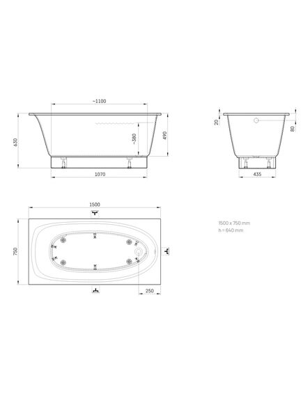 PAA Klasiska taisna akmens masas vanna PAA Uno 150x75, 4 image