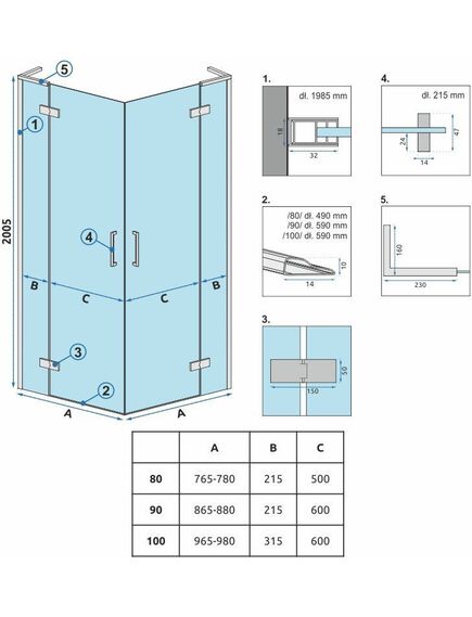 Rea Sanitary Kabina Prysznicowa REA Hugo Double 80x80 Miedź Szczotkowana, 4 image