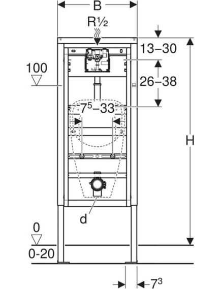 Geberit iebūvējamais rāmis pisuāram Duofix Basic, 500x175 mm, h=1300 mm, ar matētu hroma sensora taustiņu, a, 3 image