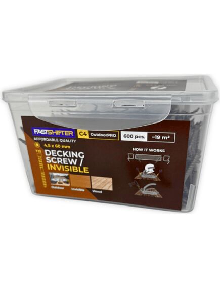 Terases koka skrūves Fastshifter Invisible C4 4.5×60 mm TX15, 600 gab/iepak. (komplektā ar uzgali)