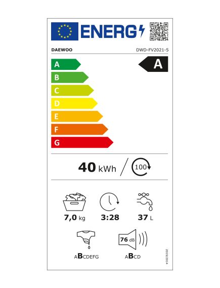 Daewoo veļas mašīna DWD FV2021 5, 7 kg, invertora motors, 1200 apgr./min, A-10% klase, 16 programmas, 3 image