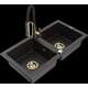 Гранитная мойка Mexen Mario, 2 чаши и кухонный смеситель Aster, черный/золотой металлик - 6504-75-73450-57-G
