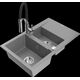 Granīta izlietne Mexen Gaspar 1,5 bļodas ar noteku un virtuves jaucējkrānu Aster, pelēks - 6507-71-73450-07